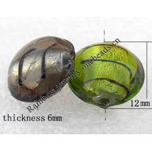 Silver Foil Lampwork Beads, Mix Color, Flat Round 12x6mm Hole:About 2mm, Sold by Group