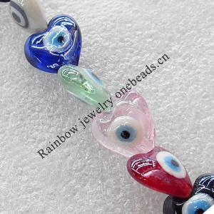 Turkish Handmade Lampwork Glass Evil Eye Beads, Mix Color Heart 15mm Hole:1.5mm, Sold by Group
