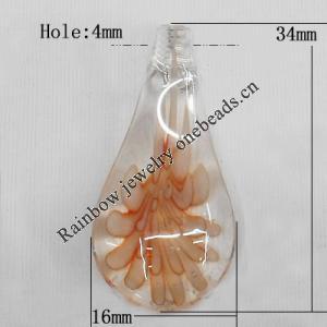 Inner Flower Lampwork Pendant For Earring, Leaf 34x16mm Hole:About 4mm, Sold by PC