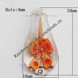 Inner Flower Lampwork Pendant For Earring, Leaf 34x16mm Hole:About 4mm, Sold by PC