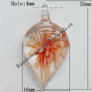 Inner Flower Lampwork Pendant For Earring, Leaf 35x16mm Hole:About 4mm, Sold by PC