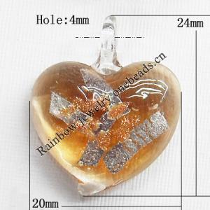 Lampwork Pendant For Earring, Heart 24x20mm Hole:About 4mm, Sold by PC