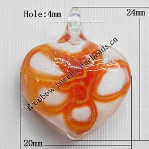 Lampwork Pendant For Earring, Heart 24x20mm Hole:About 4mm, Sold by PC