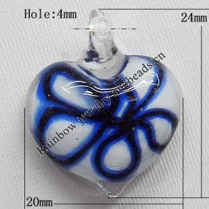 Lampwork Pendant For Earring, Heart 24x20mm Hole:About 4mm, Sold by PC
