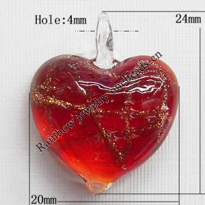 Lampwork Pendant For Earring, Heart 24x20mm Hole:About 4mm, Sold by PC