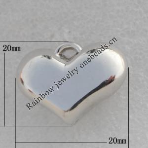 Jewelry findings, CCB plastic Pendant Platina plated, Heart 20x20mm, Thick:17mm Hole:2mm, Sold by Bag