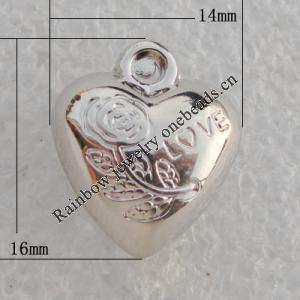 Jewelry findings, CCB plastic Pendant Platina plated, Heart 16x14mm Hole:2mm, Sold by Bag