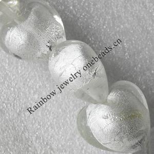 Silver Foil Lampwork Beads, Heart 20mm Hole:About 1.5mm, Sold by PC