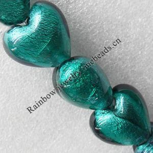 Silver Foil Lampwork Beads, Heart 15mm Hole:About 1.5mm, Sold by PC