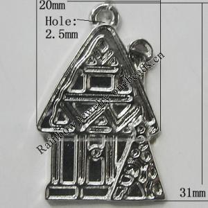 Zinc Alloy Jewelry Findings, Christmas Charm/Pendant, House 31x20mm Hole:2.5mm, Sold by Bag	