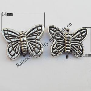 Bead Zinc Alloy Jewelry Findings Lead-free, Butterfly 14x11mm Hole:1mm, Sold by Bag