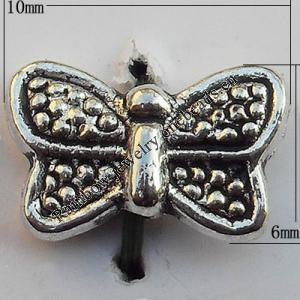 Bead Zinc Alloy Jewelry Findings Lead-free, Butterfly 10x6mm Hole:1mm, Sold by Bag