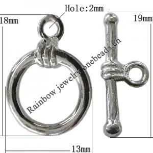 Copper Toggle Clasps Jewelry Findings Lead-free Platina Plated, Loop:18x13mm Bar:19mm Hole:2mm, Sold by Bag