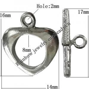 Copper Toggle Clasps Jewelry Findings Lead-free Platina Plated, Loop:16x14mm Bar:17mm Hole:2mm, Sold by Bag