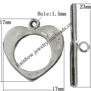 Copper Toggle Clasps Jewelry Findings Lead-free Platina Plated, Loop:17x17mm Bar:23mm Hole:1.5mm, Sold by Bag