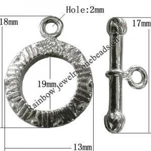 Copper Toggle Clasps Jewelry Findings Lead-free Platina Plated, Loop:18x13mm Bar:17mm Hole:2mm, Sold by Bag