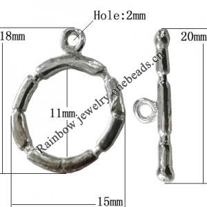 Copper Toggle Clasps Jewelry Findings Lead-free Platina Plated, Loop:18x15mm Bar:20mm Hole:2mm, Sold by Bag