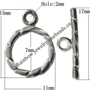 Copper Toggle Clasps Jewelry Findings Lead-free Platina Plated, Loop:15x11mm Bar:17mm Hole:2mm, Sold by Bag
