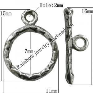 Copper Toggle Clasps Jewelry Findings Lead-free Platina Plated, Loop:15x11mm Bar:16mm Hole:1.5mm, Sold by Bag