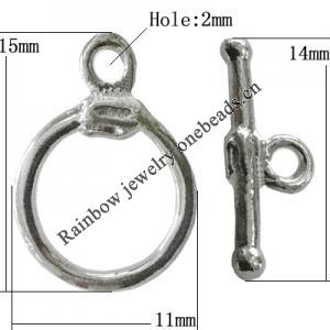 Copper Toggle Clasps Jewelry Findings Lead-free Platina Plated, Loop:15x11mm Bar:14mm Hole:2mm, Sold by Bag