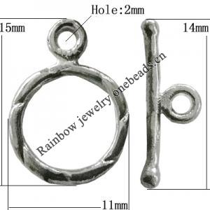 Copper Toggle Clasps Jewelry Findings Lead-free Platina Plated, Loop:15x11mm Bar:14mm Hole:2mm, Sold by Bag