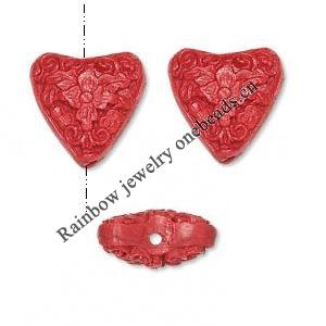 Cinnabar Beads, Carved Heart with Flower, 22x27mm, Sold by PC