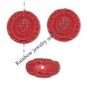Cinnabar Beads, Carved, Coin, 17mm, Sold by PC