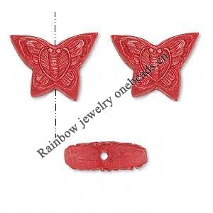 Cinnabar Beads, Carved, Butterfly, 19x14mm, Sold by PC