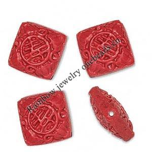 Cinnabar Beads, Carved, Diamond with word, 19x19mm, Sold by PC
