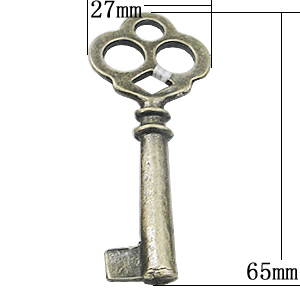 Pendant, Zinc Alloy Jewelry Findings, Key 27x65mm, Sold by Bag