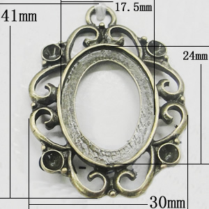 Zinc Alloy Pendant Settings, Outside diameter:30x41mm, Interior diameter:17.5x24mm, Sold by Bag