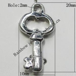 Pendant Zinc Alloy Jewelry Findings Lead-free, Key 20x10mm Hole:2mm, Sold by Bag