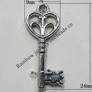 Pendant Zinc Alloy Jewelry Findings Lead-free, Key 24x9mm Hole:1.5mm, Sold by Bag