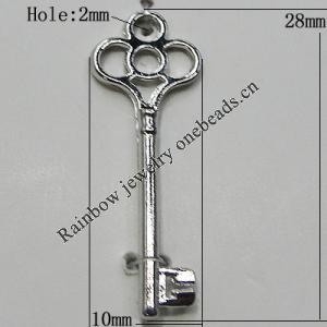 Pendant Zinc Alloy Jewelry Findings Lead-free, Key 28x10mm Hole:2mm, Sold by Bag