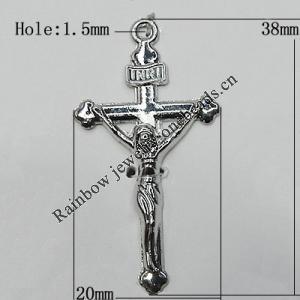 Pendant Zinc Alloy Jewelry Findings Lead-free, Cross 38x20mm Hole:1.5mm, Sold by Bag