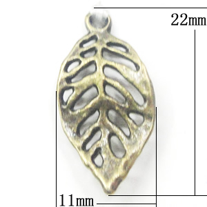 Pendant, Zinc Alloy Jewelry Findings, Leaf 11x22mm, Sold by Bag