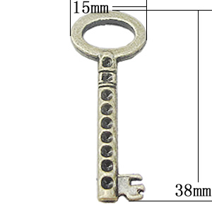 Pendant, Zinc Alloy Jewelry Findings, Key 15x38mm, Sold by Bag