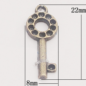 Pendant, Zinc Alloy Jewelry Findings, Key 8x22mm, Sold by Bag