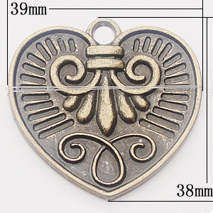 Pendant, Zinc Alloy Jewelry Findings, Heart 39x38mm, Sold by Bag