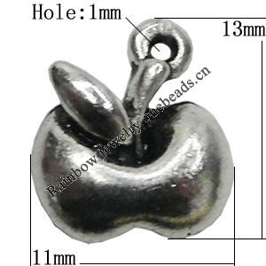 Pendant/Charm Zinc Alloy Jewelry Findings Lead-free, Apple 11x13mm Hole:1mm, Sold by Bag