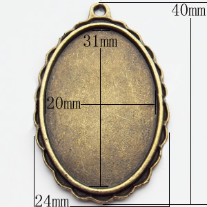 Zinc Alloy Pendant Settings, Outside diameter:24x40mm, Interior diameter:20x31mm, Sold by Bag  