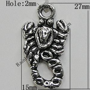 Pendant/Charm Zinc Alloy Jewelry Findings Lead-free, Scorpions 15x27mm Hole:2mm, Sold by Bag