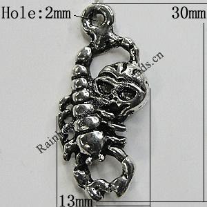 Pendant/Charm Zinc Alloy Jewelry Findings Lead-free, Scorpions 13x30mm Hole:2mm, Sold by Bag