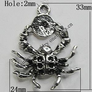 Pendant/Charm Zinc Alloy Jewelry Findings Lead-free, Spider 24x33mm Hole:2mm, Sold by Bag