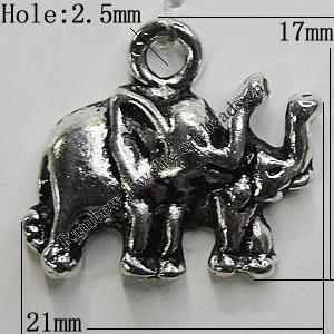 Pendant/Charm Zinc Alloy Jewelry Findings Lead-free, Elephant 21x17mm Hole:2.5mm, Sold by Bag