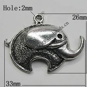 Pendant/Charm Zinc Alloy Jewelry Findings Lead-free, Elephant 33x26mm Hole:2mm, Sold by Bag