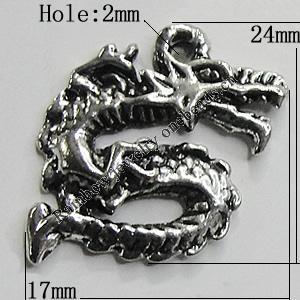 Pendant/Charm Zinc Alloy Jewelry Findings Lead-free, Dragon 17x24mm Hole:2mm, Sold by Bag