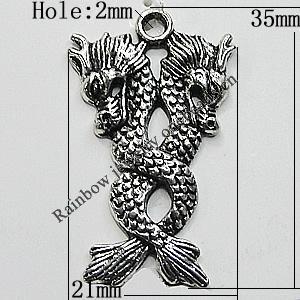 Pendant/Charm Zinc Alloy Jewelry Findings Lead-free, Dragon 21x35mm Hole:2mm, Sold by Bag