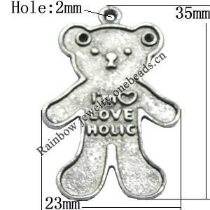 Pendant/Charm Zinc Alloy Jewelry Findings Lead-free, Bear 23x35mm Hole:2mm, Sold by Bag
