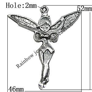 Pendant/Charm Zinc Alloy Jewelry Findings Lead-free, Angel 46x52mm Hole:2mm, Sold by Bag